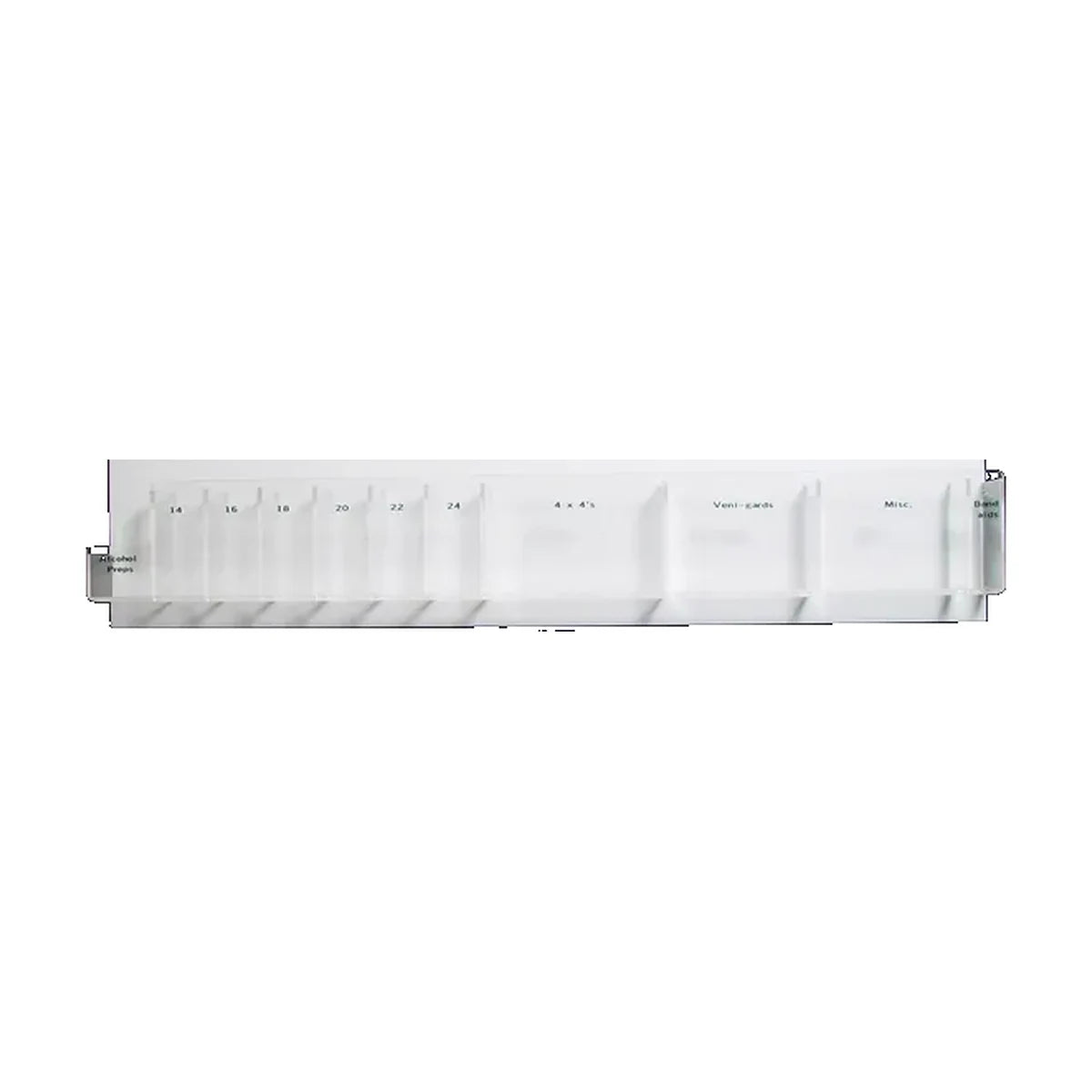 Pacific Biomedical acrylic ambulance cabinet organizer, 11-slot, 32 x 8.25 x 2.5 inches, horizontal clear compartments on a white backplate with sample labels, front view - Pacific Biomedical
