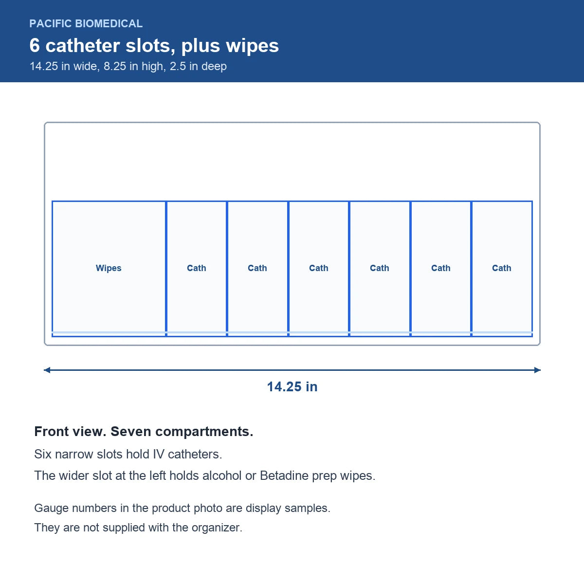 Pacific Biomedical acrylic ambulance IV organizer diagram, 14.25 x 8.25 x 2.5 inches, six catheter slots and a prep wipe compartment, front view - Pacific Biomedical