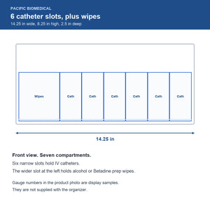 Pacific Biomedical acrylic ambulance IV organizer diagram, 14.25 x 8.25 x 2.5 inches, six catheter slots and a prep wipe compartment, front view - Pacific Biomedical