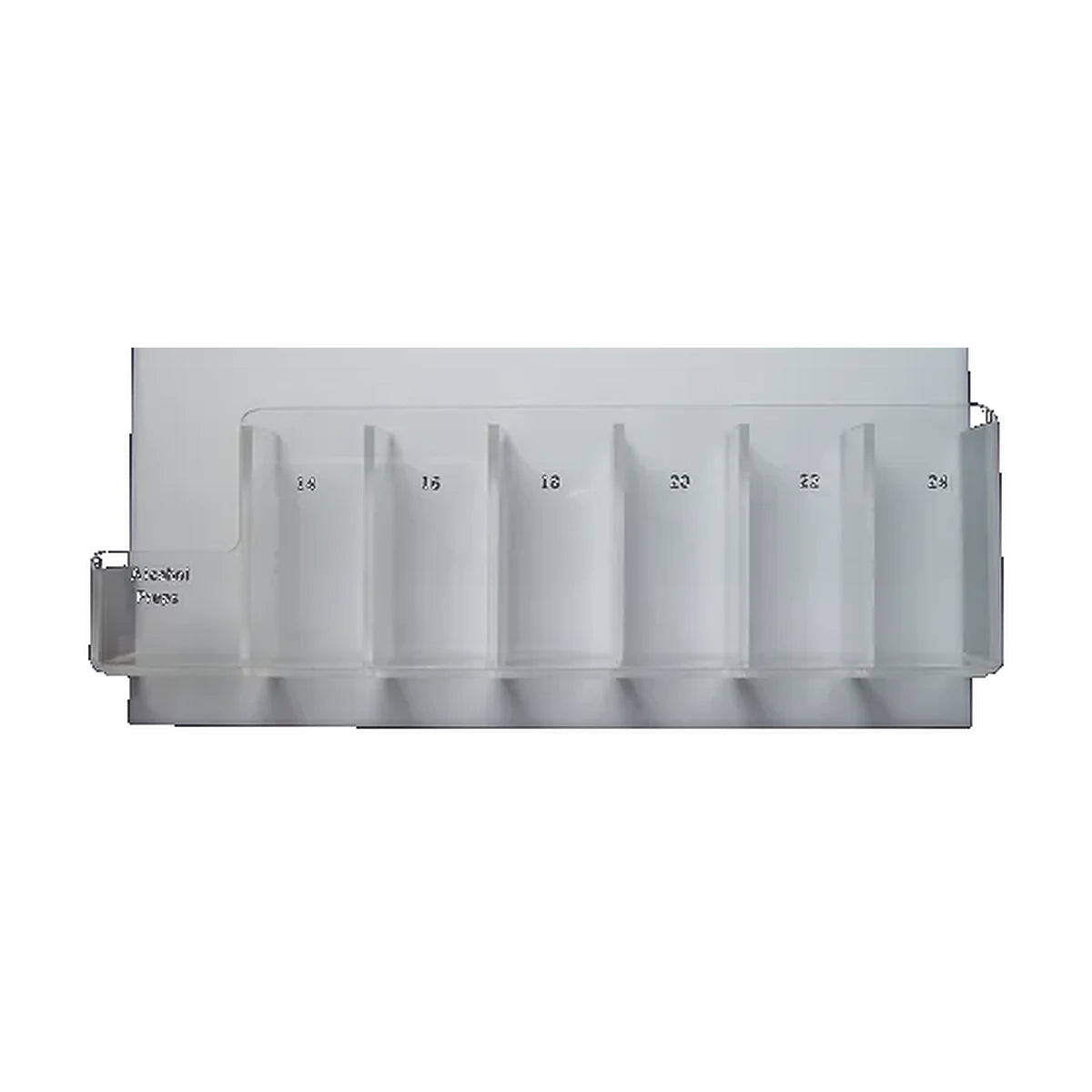 Pacific Biomedical acrylic ambulance IV organizer, 14.25 x 8.25 x 2.5 inches, six catheter compartments and a prep-wipe compartment with sample labels, front view - Pacific Biomedical
