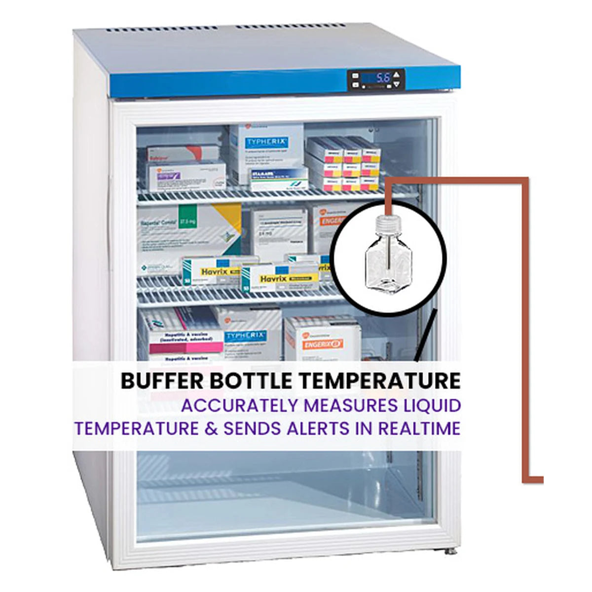 Pacific Biomedical Temp Stick PRO NIST sensor with buffer bottle, TEMPSTICK-PRO-RX-NIST, glycol bottle inside a refrigerator - Pacific Biomedical.