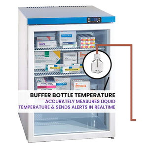 Pacific Biomedical Temp Stick PRO NIST sensor with buffer bottle, TEMPSTICK-PRO-RX-NIST, glycol bottle inside a refrigerator - Pacific Biomedical.