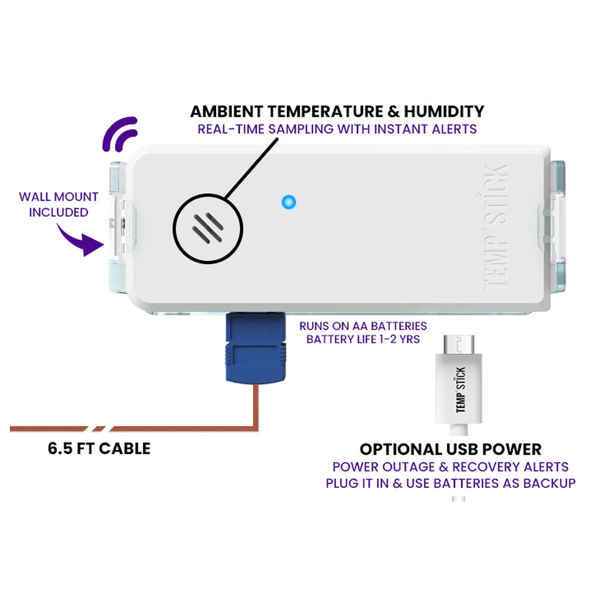 Pacific Biomedical Temp Stick PRO NIST sensor with buffer bottle, TEMPSTICK-PRO-RX-NIST, diagram of the Temp Stick sensor, 6.5 ft cable, and optional power cable - Pacific Biomedical.
