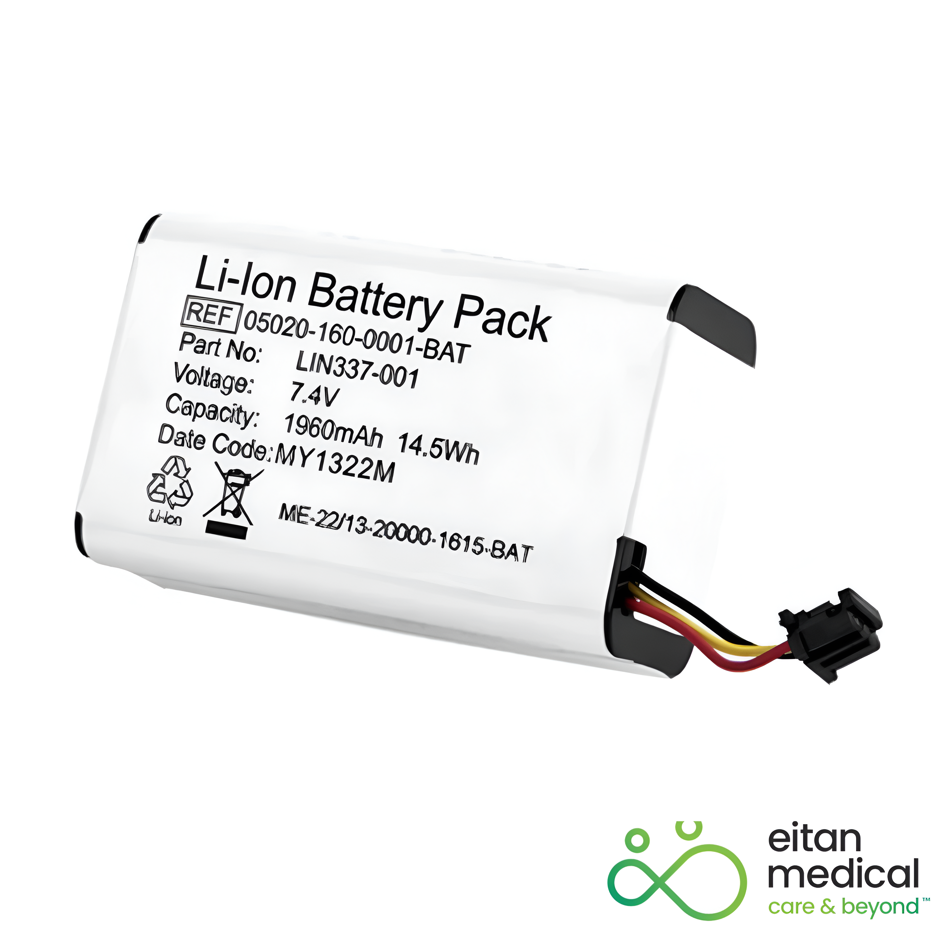 Eitan Medical Sapphire IV Pump OEM Replacement Battery 05020-160-0001 for reliable infusion pump power. Genuine OEM lithium-ion for hospital, EMS, and transport. OEM Sapphire IV Pump Battery 05020-160-0001 installed in Eitan Medical infusion pump—official replacement.