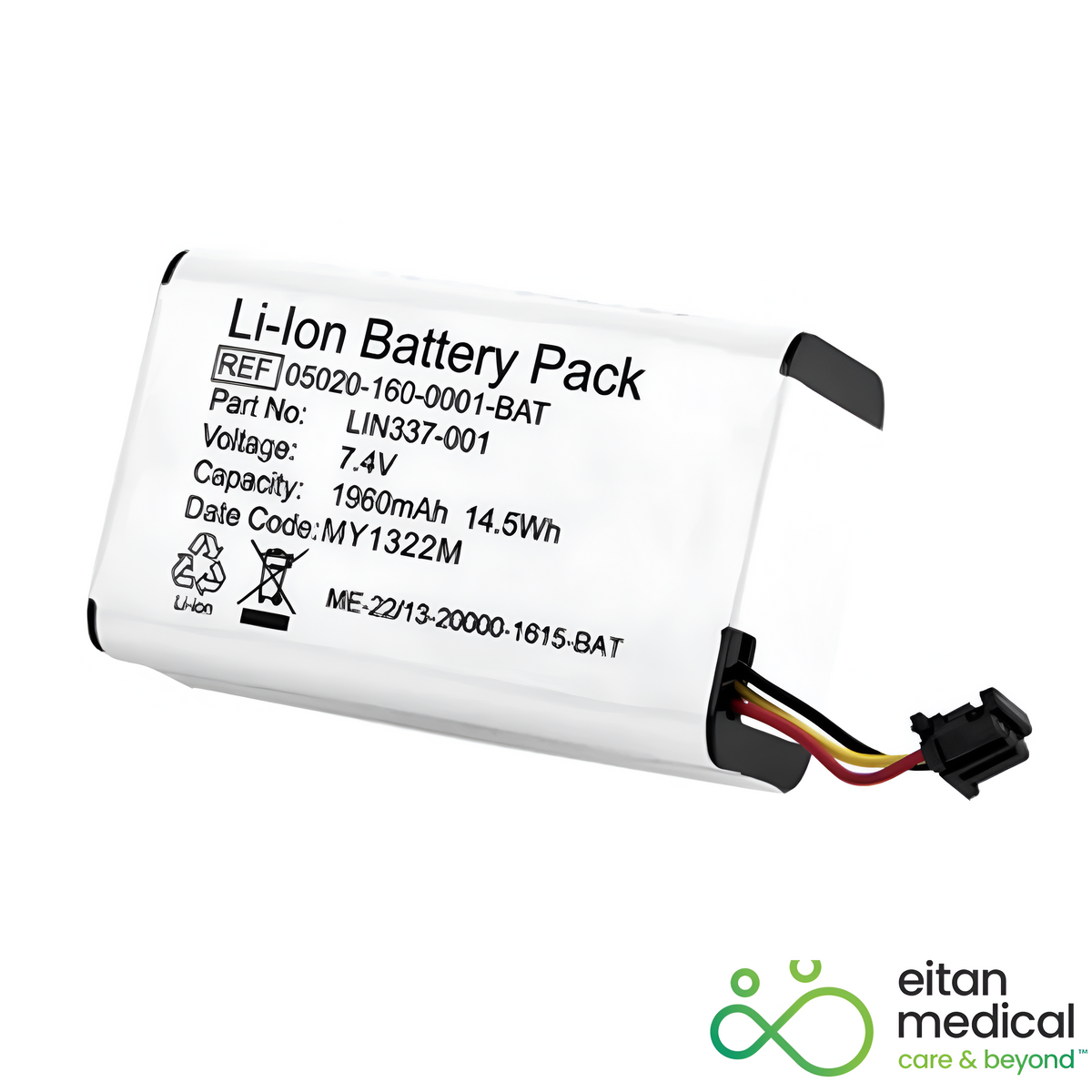 Eitan Medical Sapphire IV Pump OEM Replacement Battery 05020-160-0001 for reliable infusion pump power. Genuine OEM lithium-ion for hospital, EMS, and transport. OEM Sapphire IV Pump Battery 05020-160-0001 installed in Eitan Medical infusion pump—official replacement.