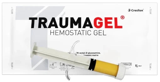 TraumaGel 30mL hemostatic gel syringe in protective pouch